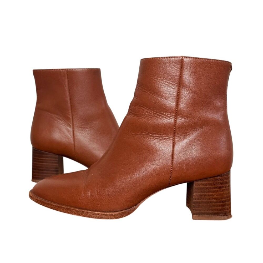 Inez Brown Leather Ankle Boots Size 6.5 Brown Cognac Block Heel Side Zip Booties